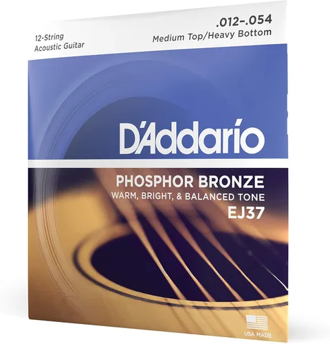 Vista 12 de Cuerdas para guitarra acústica de bronce fosforado D'Addario, blanco negro rojo azul