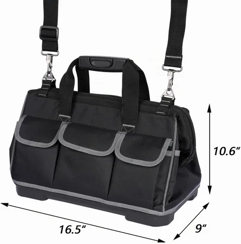 Vista 2 de Bolsa de herramientas resistente con 16 bolsillos, organizador de herramientas impermeable de 16 pulgadas con base reforzada, correa de hombro