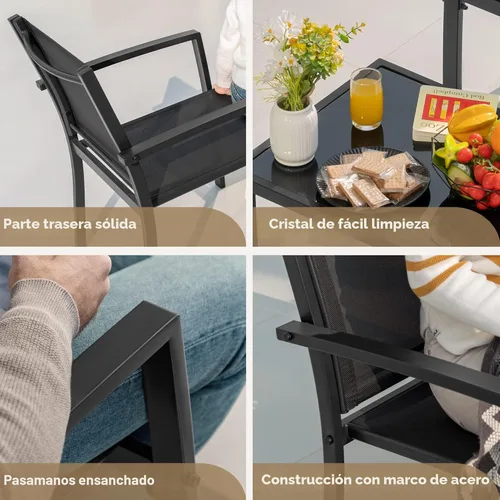 Vista 7 de Devoko - Juego de 4 piezas de muebles de patio al aire libre para jardín, sillas y mesa de café de cristal para patio o terraza, Negro
