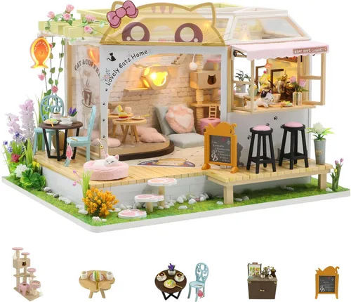 Kit de casa de muñecas en miniatura Kisoy con muebles, modelo de casa hecho a mano DIY para adolescentes, regalo para adultos (Café Gato Jardín)