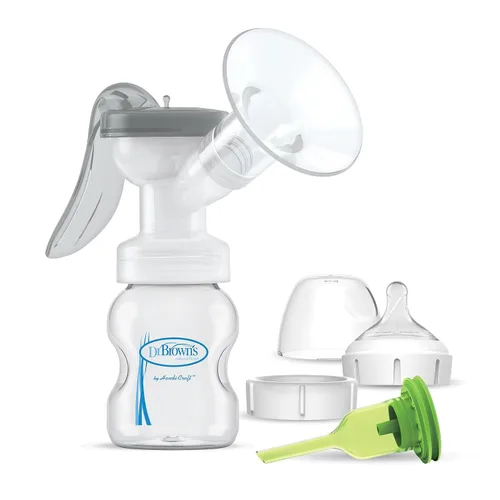 Vista 10 de Dr. Brown's Extractor de leche manual con escudo SoftShape 100% silicona (B, brida de 0.984 in) y opciones anticólicos+biberón de cuello ancho de 5