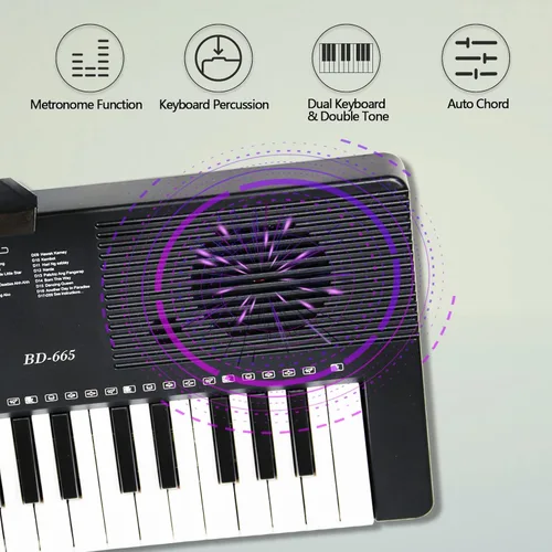 Vista 2 de Piano de teclado de 61 teclas para principiantes con teclas iluminadas y modos de enseñanza profesional, incluye soporte, banco, micrófono, soporte