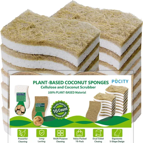 Vista 8 de Esponjas de cocina naturales biodegradables a base de plantas, esponja compostable de celulosa con fibra de coco, esponja de limpieza sin rayones