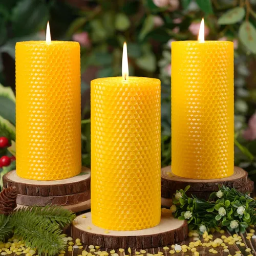 Vista 13 de Paquete de 3 velas de pilar de cera de abeja natural, hechas a mano, velas enrolladas de cera de abeja pura, 60 horas de combustión, velas de cera 2