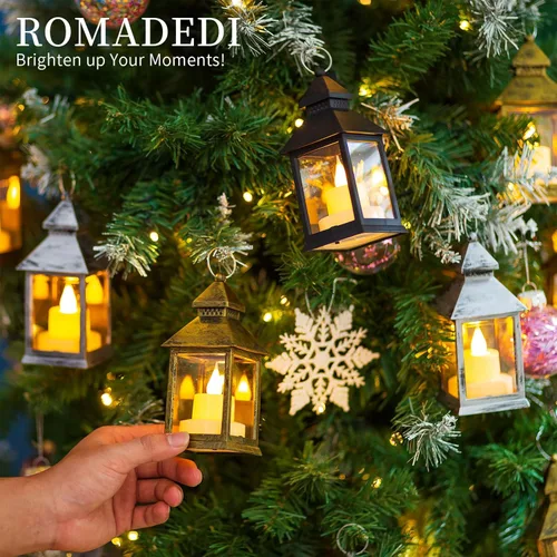 Vista 7 de Romadedi Mini faroles decorativos para centro de mesa, 10 faroles pequeños colgantes dorados a granel con velas LED parpadeantes para decoración