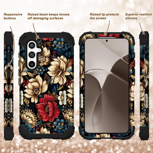 Vista 2 de Funda para Galaxy A14 5G Case, Patrón Floral 3 en 1 Protección Resistente de Servicio Pesado a Prueba de Golpes Parachoques de Goma de Silicona