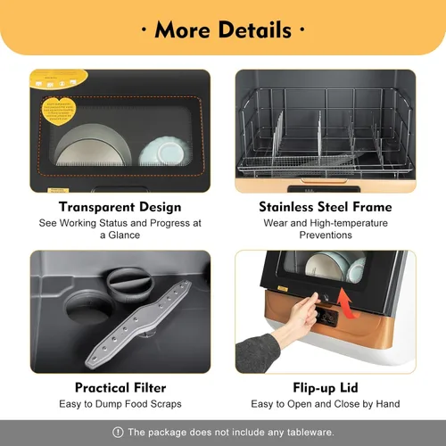 Vista 7 de Lavavajillas automático portátil para encimera, mini lavaplatos, función de secado al aire, 3 programas de lavado, rociado de agua de 360 grados