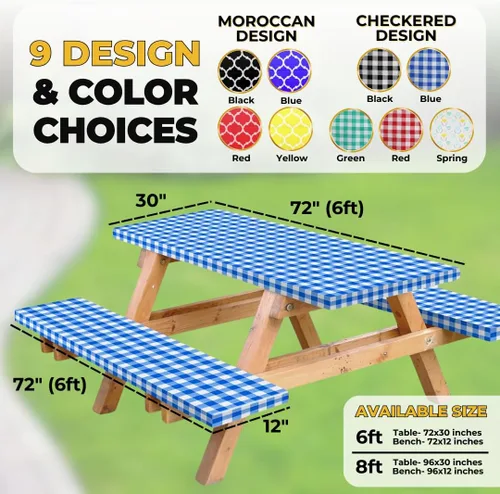 Vista 2 de RNOONY Mantel de vinilo ajustable para mesa de picnic con fundas de banco y bolsa, mantel de picnic impermeable para exteriores de 6 pies con bordes