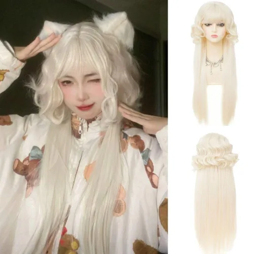 Vista 11 de Peluca rubia corta y rizada para mujer, longitud hasta el hombro, peluca de pelo ondulado con flequillo, resistente al calor, disfraz de cosplay