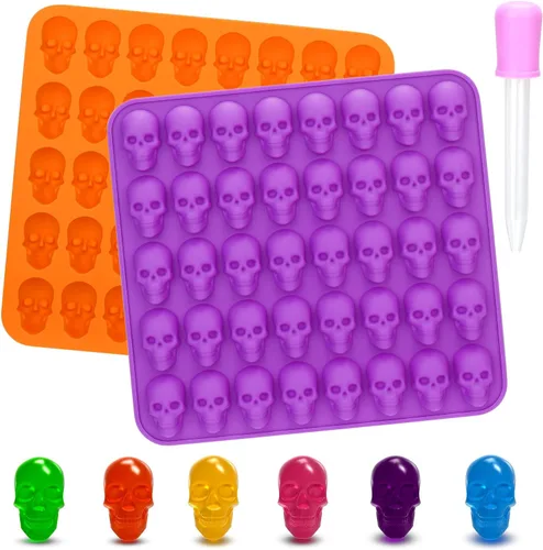 Vista 10 de BUSOHA Moldes de silicona para caramelos de calavera gomosa, paquete de 2 moldes de silicona antiadherentes de 40 cavidades con 1 cuentagotas