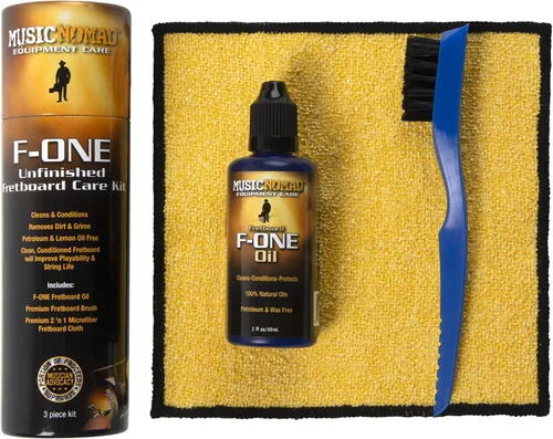 MusicNomad F-ONE Kit de cuidado para diapasones sin acabado - Aceite, paño, cepillo (MN125)