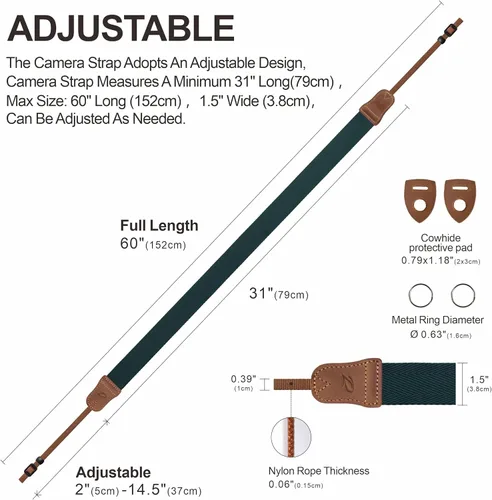 Vista 6 de Padwa Lifestyle Correa de Cámara Azul Verde Oscuro - Extremo de Cuero de Vaca Crazy Horse de Doble Capa, Correas de Cámara Tejidas de Algodón Puro
