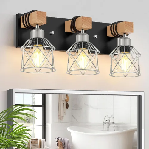 Vista 8 de FadimiKoo Lámparas de Tocador de Baño Estilo Granja de 2 Luces, Iluminación de Baño de Madera Sobre Espejo, Apliques de Pared Rústicos Negros
