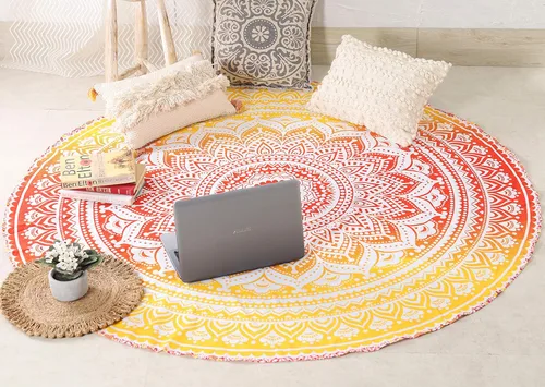 Vista 3 de Popular Handicrafts - Esterilla de yoga india redonda, mandala redondo, manta para playa, tapiz Hippy Boho Gypsy de algodón, mantel, toalla