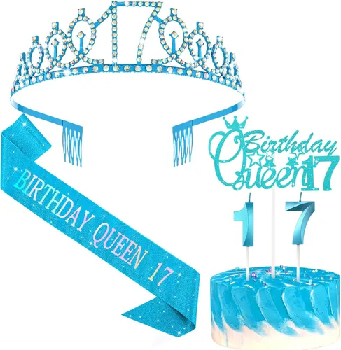 Crowye Decoraciones de cumpleaños número 17, corona de tiara de 17 años, banda, decoración para tartas, velas, suministros para fiestas, regalos Azul