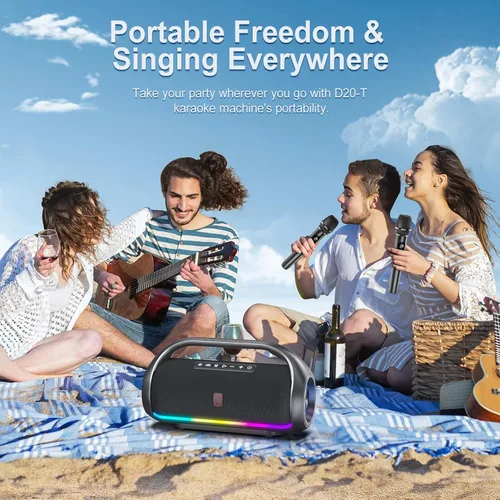 Vista 6 de Altavoz Bluetooth portátil con 2 micrófonos inalámbricos, altavoces impermeables IPX5 con graves profundos y luces LED, altavoz portátil estéreo