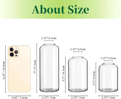 Vista 5 de Jarrones de botones de vidrio para flores - Hewory Juego de 3 jarrones pequeños modernos de vidrio soplado para centros de mesa, mini jarrones