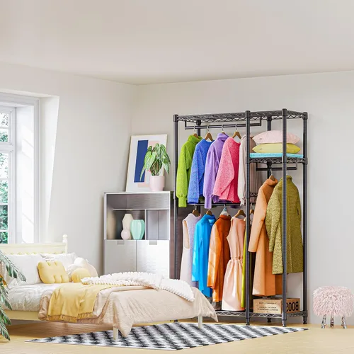 Vista 5 de M MZG Perchero resistente con ruedas de 3 niveles de alambre ajustable con 3 varillas y ganchos laterales, estante de ropa para armario, color Negro