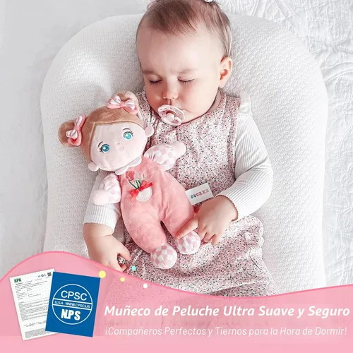Vista 6 de OUOZZZ - Set de regalo de minimuñeca rosa de bebé afelpada de 10 pulgadas, muñeca de trapo afelpada para dormir, juguete para niños y niñas