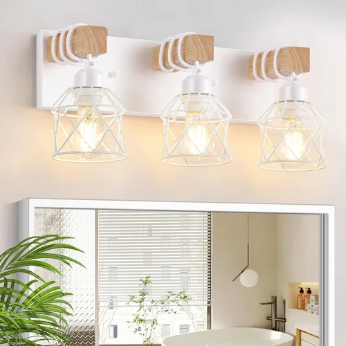 Vista 12 de FadimiKoo Lámparas de Tocador de Baño Estilo Granja de 2 Luces, Iluminación de Baño de Madera Sobre Espejo, Apliques de Pared Rústicos Negros