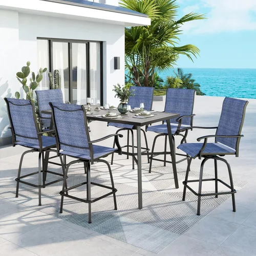 MFSTUDIO Juego de 7 sillas y mesa de bar para patio, 1 mesa de bar alta con listones de metal resistente con 6 taburetes giratorios para exteriores,