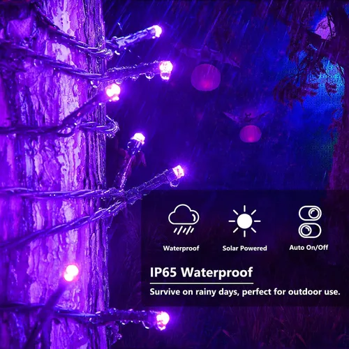 Vista 3 de 1 paquete de 100 luces LED solares de Navidad de 39 pies para exteriores, funciona con energía solar con 8 modos de luces impermeables