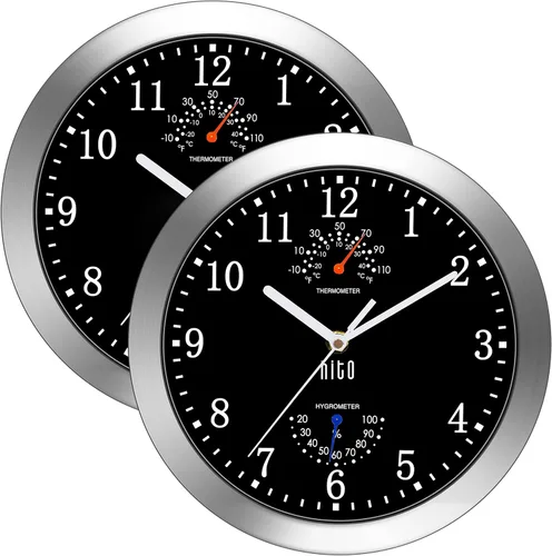 Vista 21 de HITO Reloj de pared silencioso de 10 pulgadas, funciona con pilas, sin tictac, cubierta de vidrio, marco de aluminio plateado, para decoración