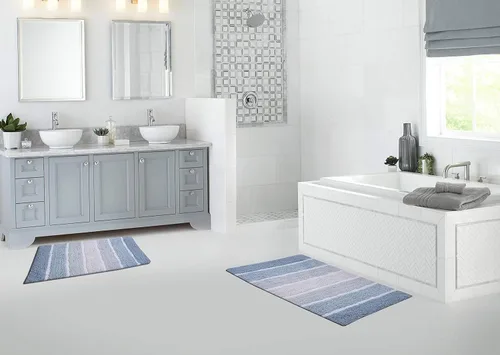 Vista 8 de Ramanta Home Juego de 2 alfombras de baño acolchadas a rayas 100% algodón, color azul y blanco, antideslizantes, absorbentes, súper suaves