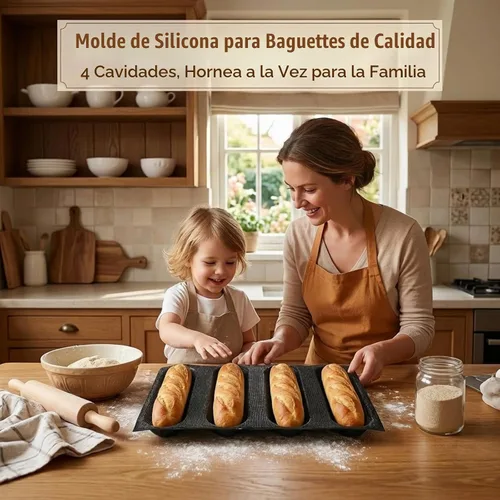 Vista 5 de Dioycli Molde de pan de silicona para hornear pan grande de baguette sartén perforada para bollos de perritos calientes, 4 panes, alfombrilla