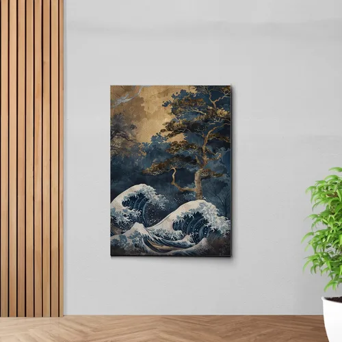 Vista 2 de Canvas Print Canvas Framed Canvas Wall Art Wood Panel Retro Wave Art A Storm Wall Art Print Sea Wave In The Night And Trees Stormy Waves Art Wall