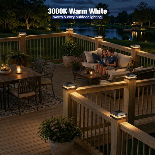 Vista 4 de APONUO Luces solares para postes de 4 x 4 – IP64 impermeable, blanco cálido, luces inalámbricas de valla y luces de cubierta para patios, jardines