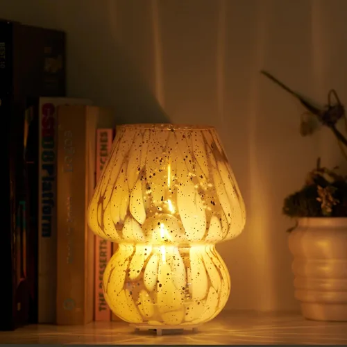 Vista 2 de Lámpara de mesa inalámbrica de cristal con forma de hongo para dormitorio, lámparas de mesita de noche de escritorio pequeñas para sala de estar