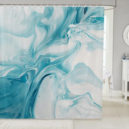 Blue Marble Shower Curtain, Chic Fluid Abstract Bath Curtain For Kids Teens Adult Women, Teal Blue Marble Texture Shower Curtains Washable