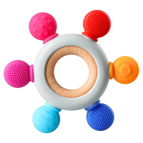 Vista 12 de Juguetes de dentición para bebés, mordedores masticables de silicona con anillo de madera para calmar las encías de los bebés, regalo de ducha