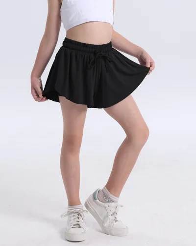 Vista 5 de KEREDA Pantalones cortos fluidos para niñas, pantalones cortos preppy para niñas adolescentes con forro de elastano 2 en 1 para correr, gimnasio