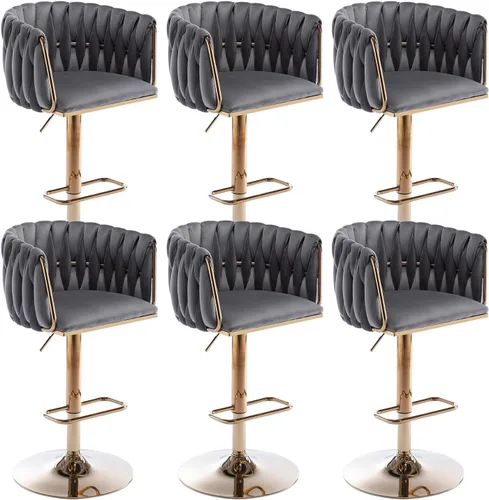 Vista 10 de Juego de 2 taburetes de bar giratorios de terciopelo, taburetes de bar de altura de mostrador con respaldo tejido, taburetes de cocina dorados