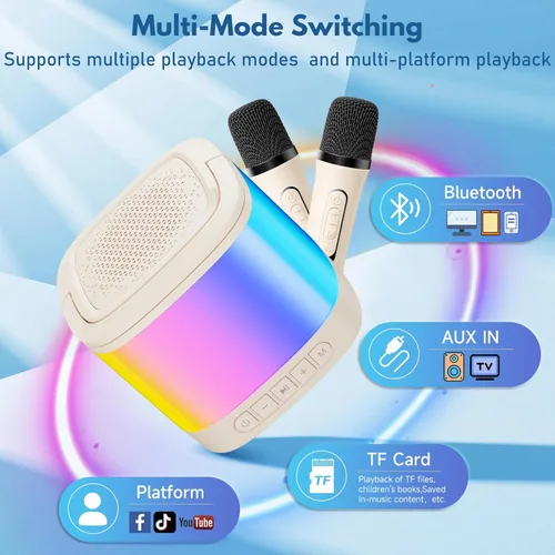 Vista 5 de HWWR Mini máquina de karaoke para niños, altavoz portátil de karaoke Bluetooth con 2 micrófonos inalámbricos y soporte para teléfono, regalos