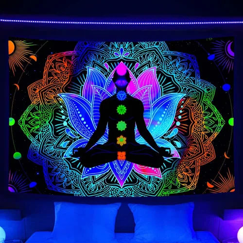 Vista 3 de Torich Tapiz de siete chakras, luz negra, meditación reactiva a los rayos UV y espiritual para yoga, pósteres verticales, hippie mandala trippy