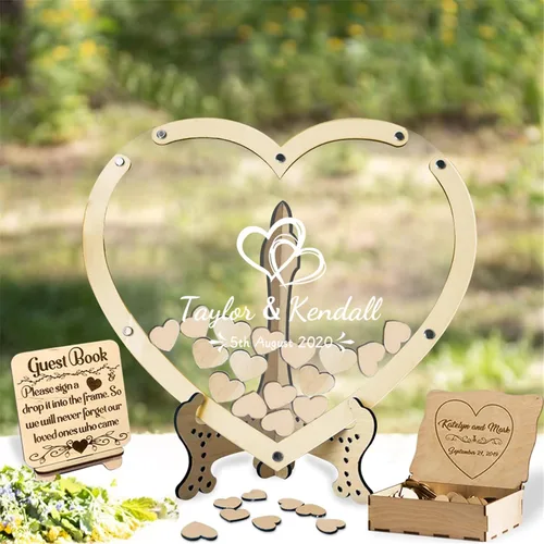Vista 19 de Libro alternativo de corazón personalizado para libro de invitados con 30 a 100 corazones de madera, caja de madera personalizada para decoración