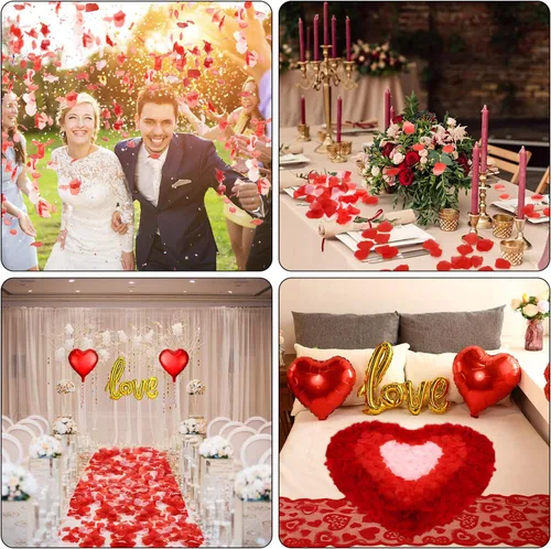 Vista 4 de Decoraciones de boda rojas para el día de San Valentín, pétalos artificiales en forma de corazón, pétalos de rosa de seda, diseño romántico