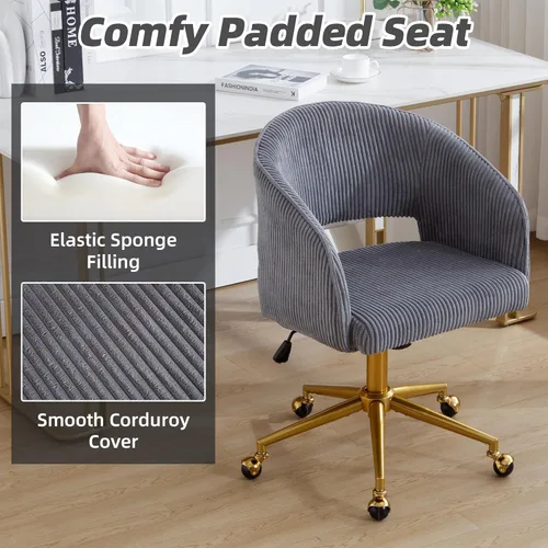 Vista 23 de ABET Silla de escritorio con ruedas, silla de terciopelo para oficina en casa, sillón giratorio con base dorada, sillas decorativas modernas