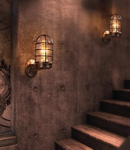 Vista 9 de NIUYAO Aplique de pared reversible de hierro forjado de metal vintage industrial estilo náutico con protector de alambre rústico antiguo pared