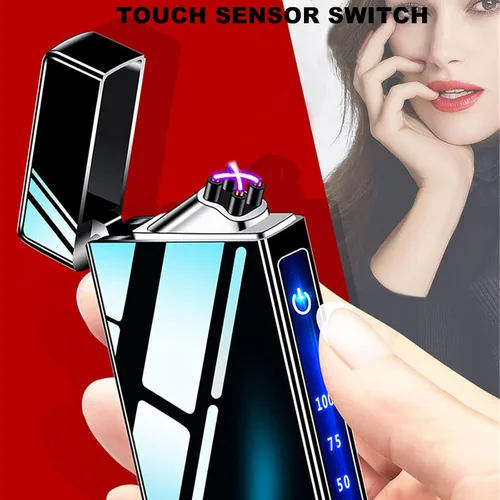 Vista 4 de Encendedor de plasma de doble arco, encendedor recargable por USB con indicador de batería LED e interruptor de sensor táctil (negro hielo)