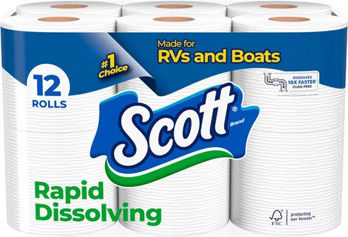 Papel higiénico de rápida disolución Scott, 12 rollos dobles, seguro para fosas sépticas, papel higiénico