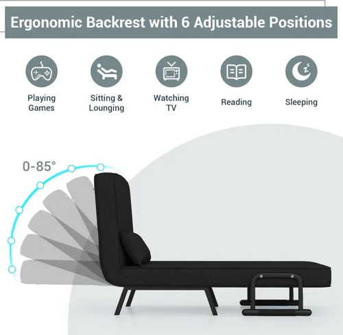 Vista 23 de KOMFOTT Sofá cama convertible 4 en 1 plegable con respaldo ajustable de 6 posiciones, tumbona tapizada con almohada extraíble, sofá reclinable