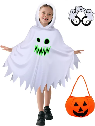 Disfraz de fantasma de 3 piezas para niños, capa blanca con