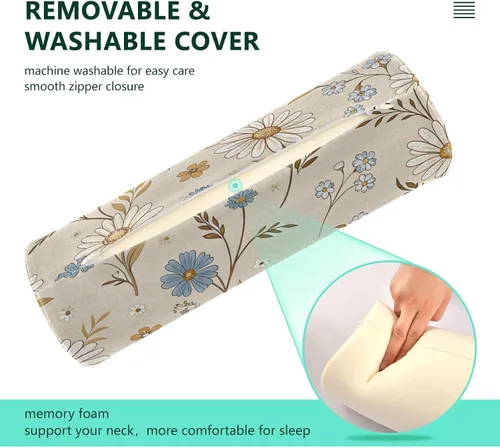 Vista 4 de Qilmy Blue and White Flowers Neck Roll Pillow, Memory Foam Round Pillow Cylinder Bolster Pillow for Sleeping, Cervical Roll Pillows for Pain Relief