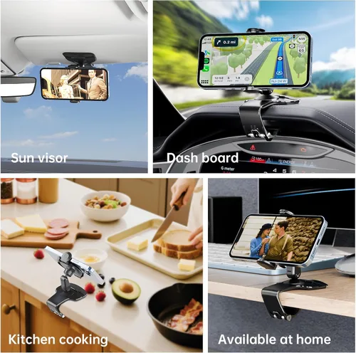 Vista 6 de Soporte de teléfono para tablero de automóvil, soporte universal de rotación de 360° para automóvil, soporte de teléfono multifuncional con clip