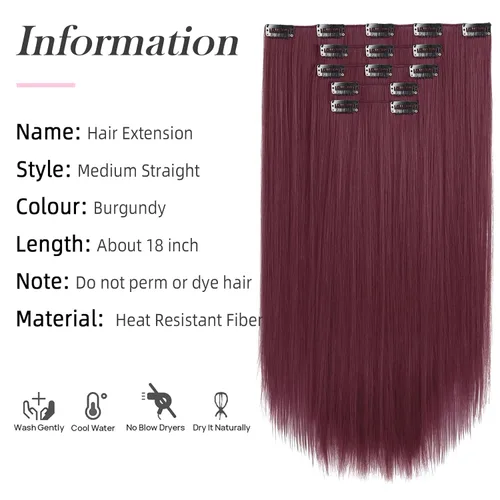 Vista 2 de Extensiones de cabello sintético con clip, color burdeos de 18 pulgadas de largo, invisibles, gruesas, extensiones de cabello lacio con clips, 5