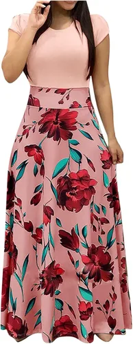 Vestidos para mujer 2023, elegante, casual, manga corta, cuello redondo, verano, bohemio, floral, cintura imperio, vestido largo de playa